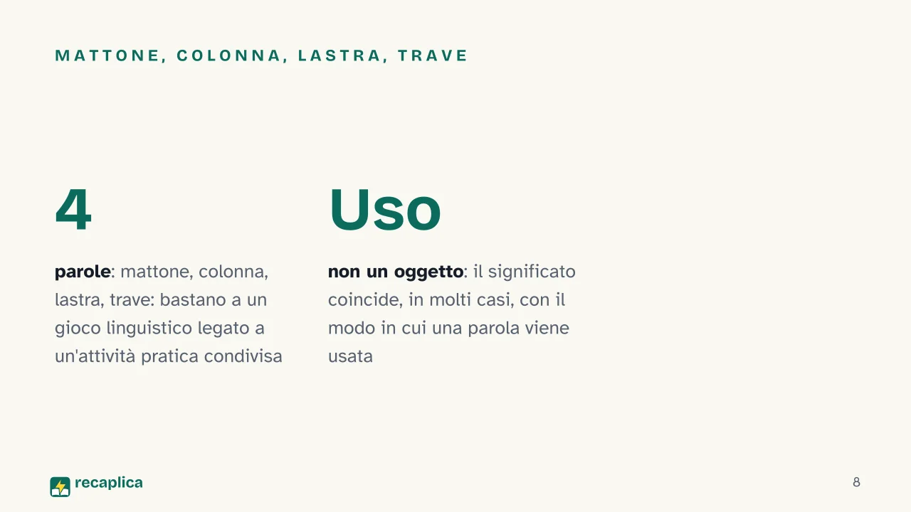 Slide 8 della presentazione su Ricerche filosofiche di Wittgenstein: Mattone, colonna, lastra, trave
