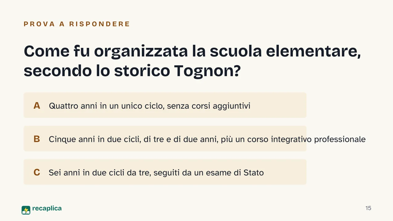 Slide 15 della presentazione su Riforma Gentile del 1923: Come fu organizzata la scuola elementare, secondo lo storico Tognon?