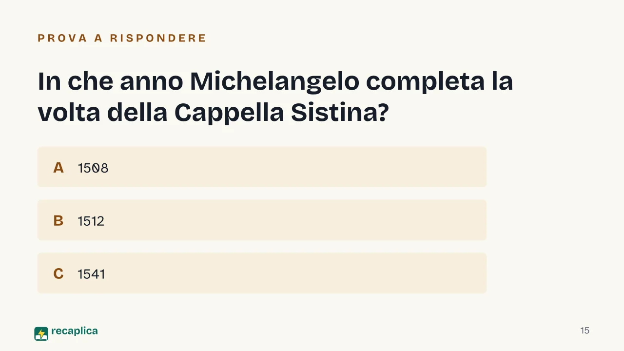 Slide 15 della presentazione su Rinascimento maturo: In che anno Michelangelo completa la volta della Cappella Sistina?