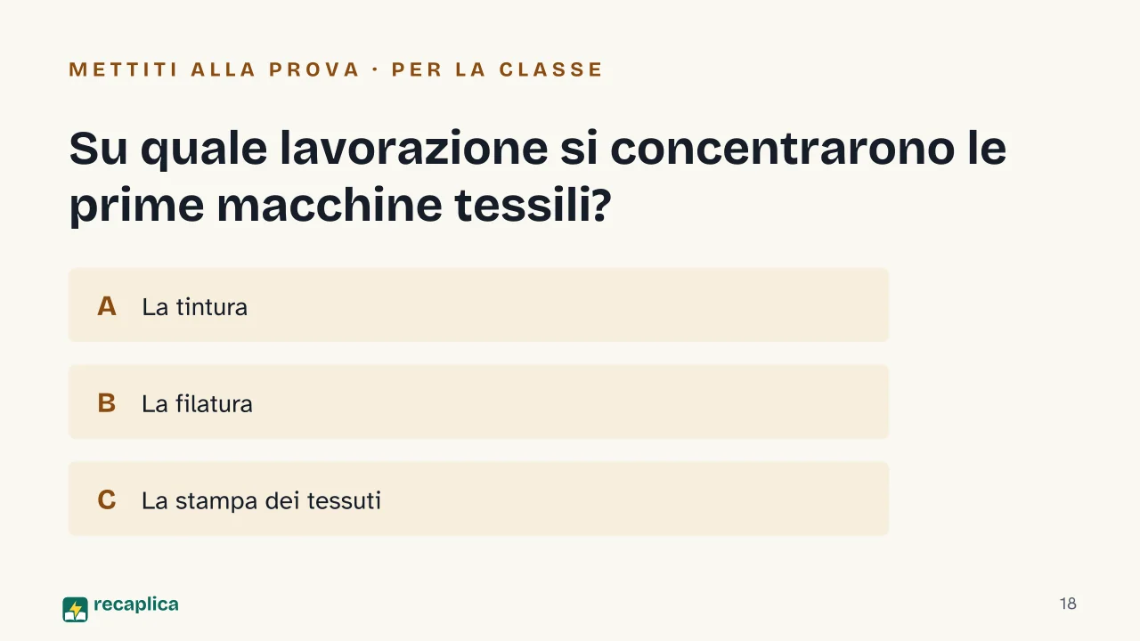 Slide 18 della presentazione su Rivoluzione industriale: Su quale lavorazione si concentrarono le prime macchine tessili?