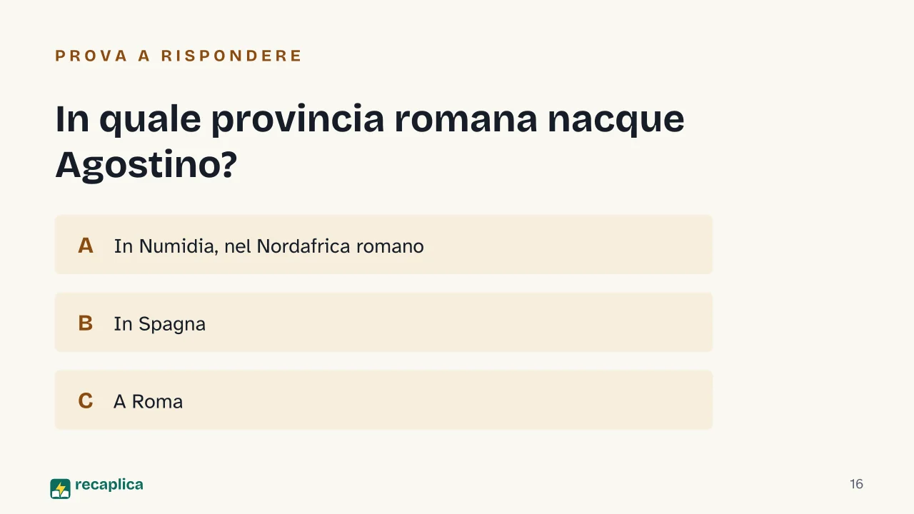 Slide 16 della presentazione su Sant'Agostino: In quale provincia romana nacque Agostino?