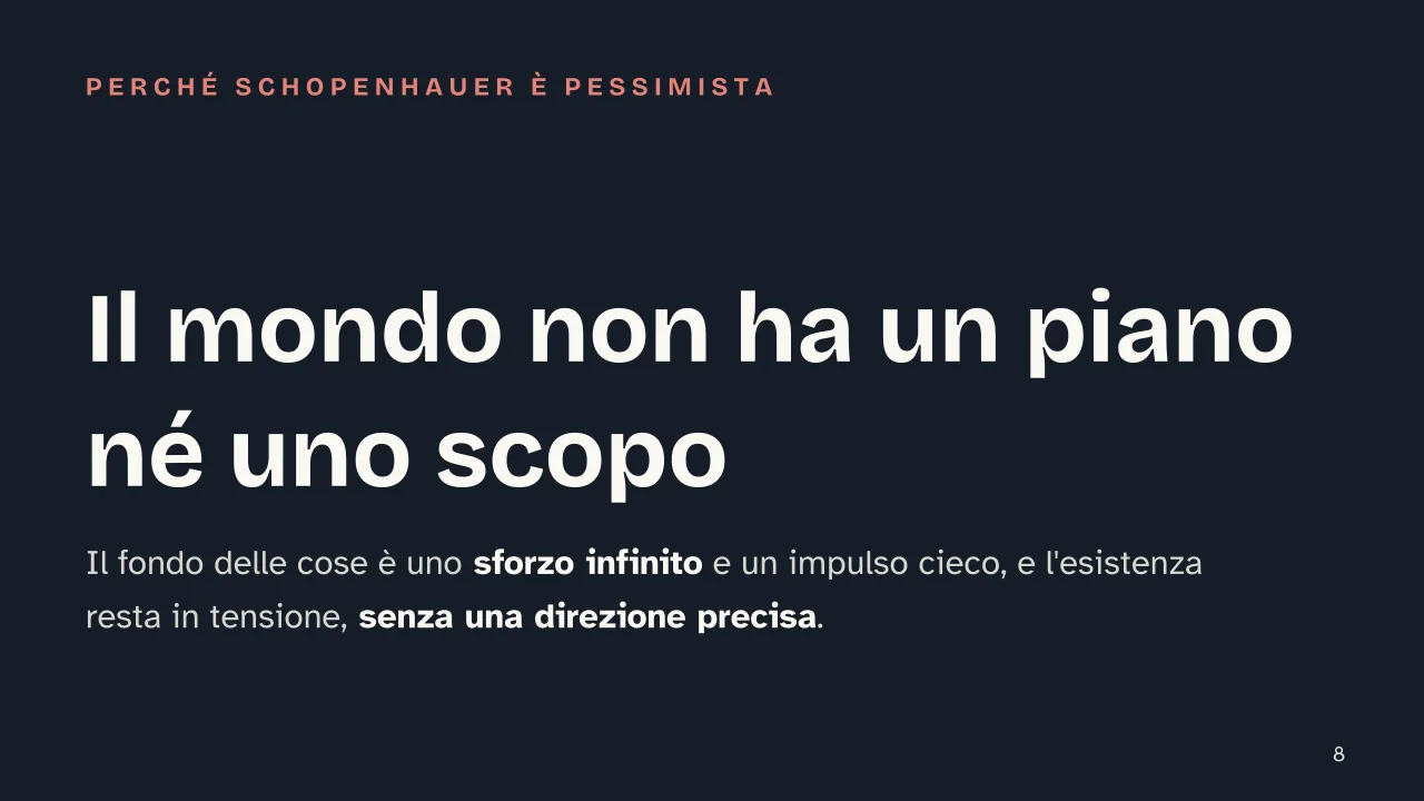 Slide 8 della presentazione su Schopenhauer: Il mondo non ha un piano né uno scopo