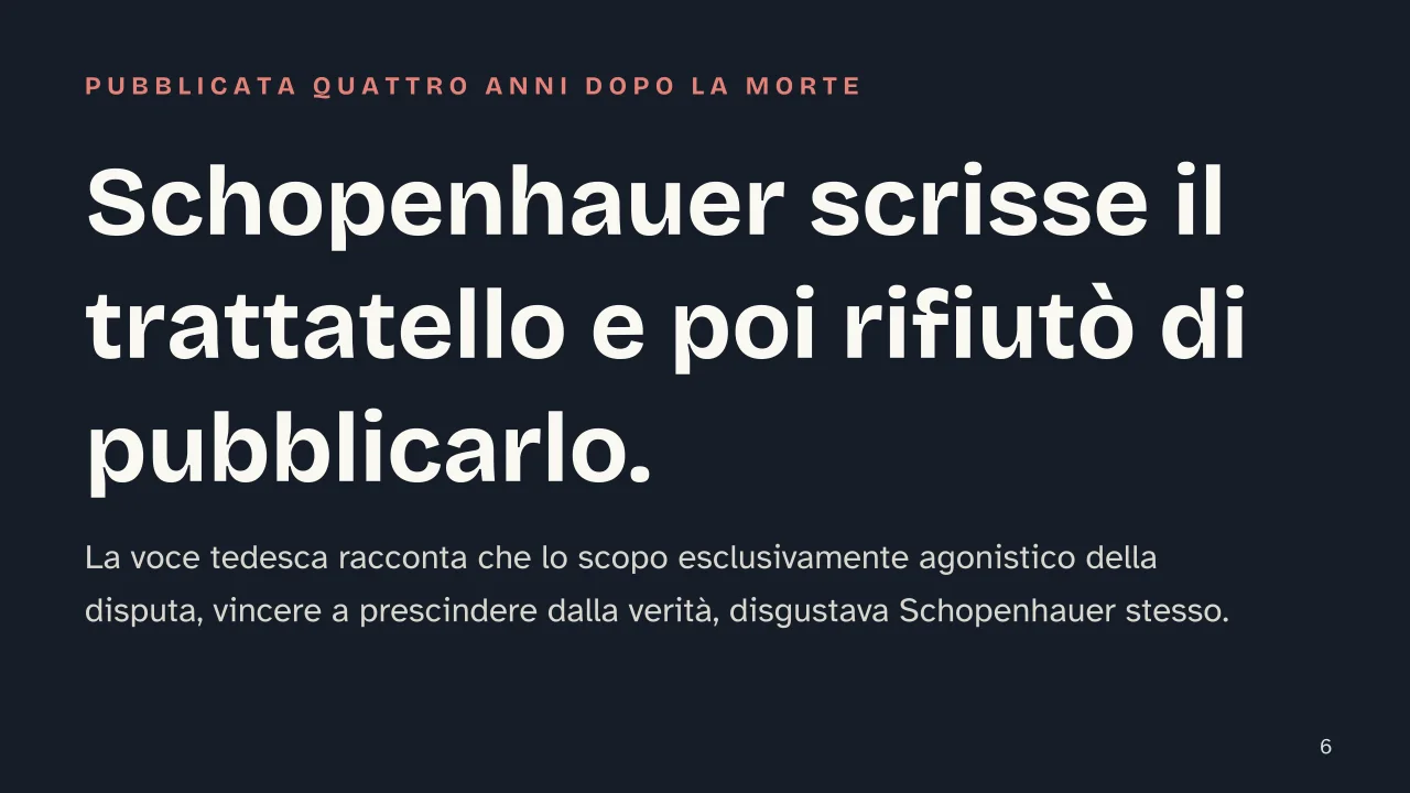 Slide 6 della presentazione su L'arte di ottenere ragione: Schopenhauer scrisse il trattatello e poi rifiutò di pubblicarlo.