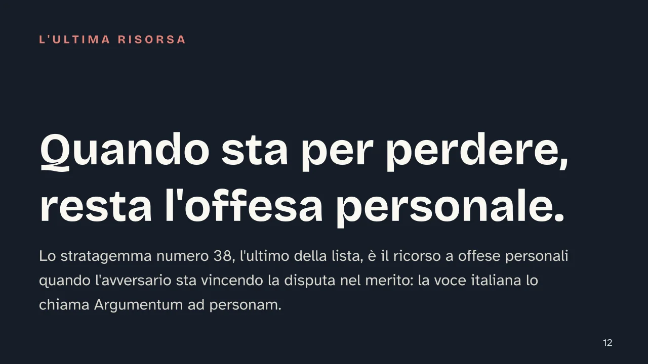 Slide 12 della presentazione su L'arte di ottenere ragione: Quando sta per perdere, resta l'offesa personale.