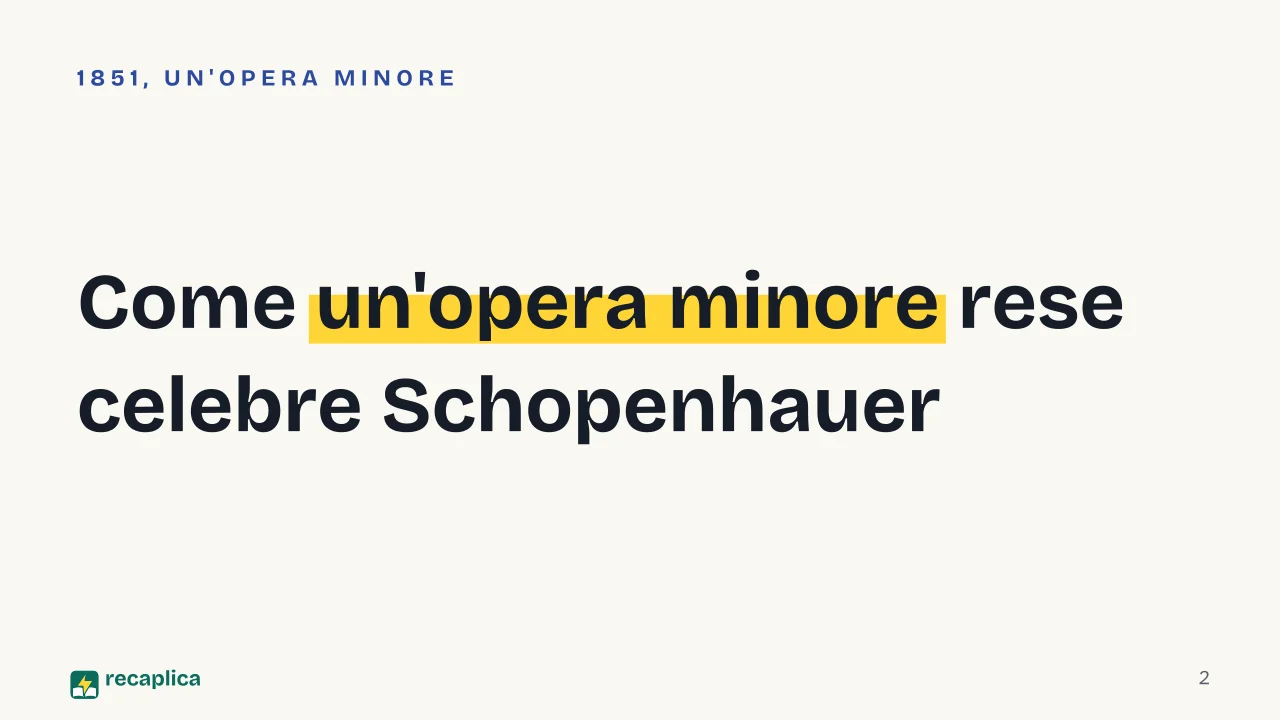 Slide 2 della presentazione su Parerga e Paralipomena di Schopenhauer: Come un'opera minore rese celebre Schopenhauer