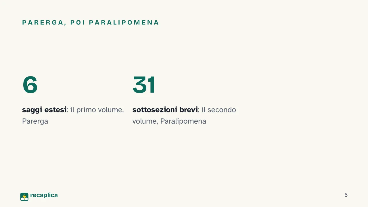 Slide 6 della presentazione su Parerga e Paralipomena di Schopenhauer: Parerga, poi Paralipomena