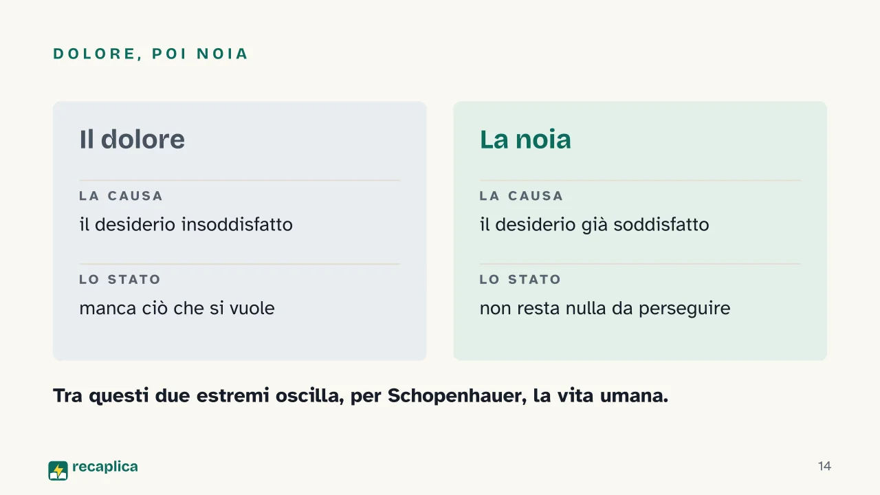Slide 14 della presentazione su Parerga e Paralipomena di Schopenhauer: Dolore, poi noia