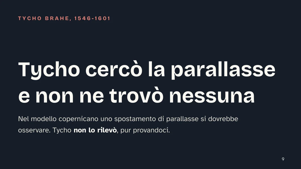 Slide 9 della presentazione su Sistema geocentrico ed eliocentrico: Tycho cercò la parallasse e non ne trovò nessuna