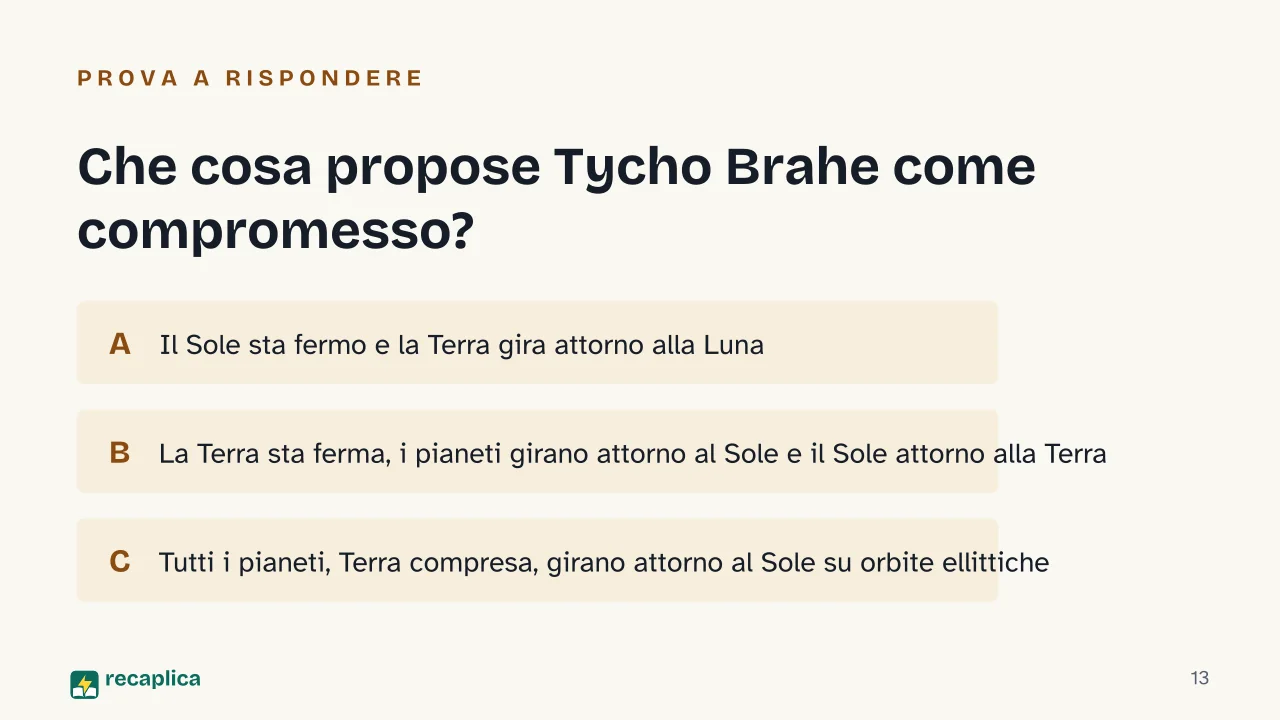 Slide 13 della presentazione su Sistema geocentrico ed eliocentrico: Che cosa propose Tycho Brahe come compromesso?