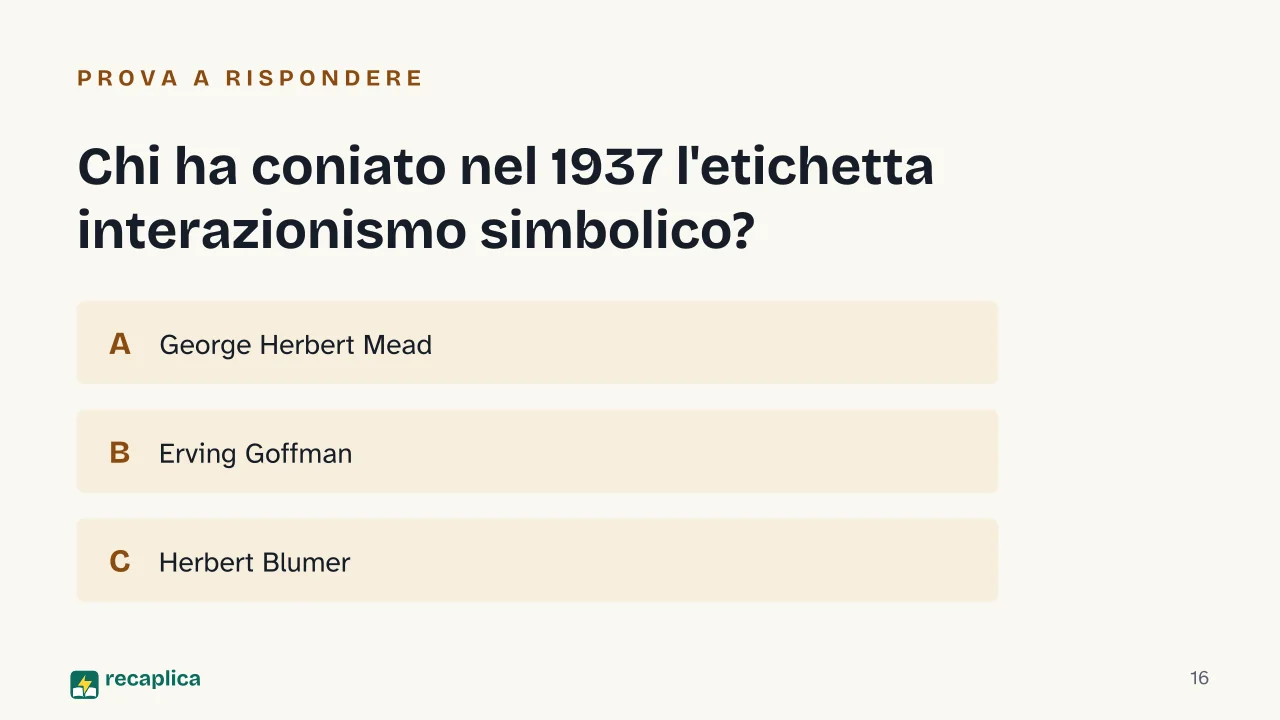 Slide 16 della presentazione su Sociologia: Chi ha coniato nel 1937 l'etichetta interazionismo simbolico?