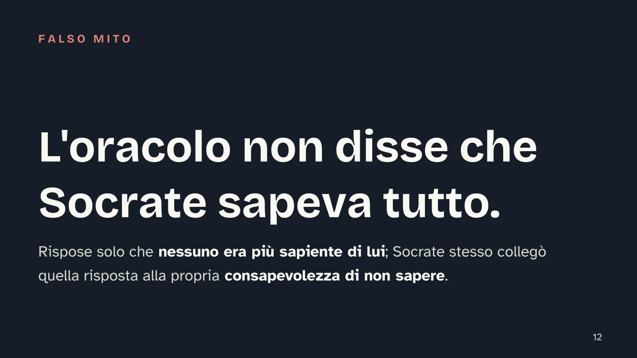 Slide 12 della presentazione su Socrate: L'oracolo non disse che Socrate sapeva tutto.