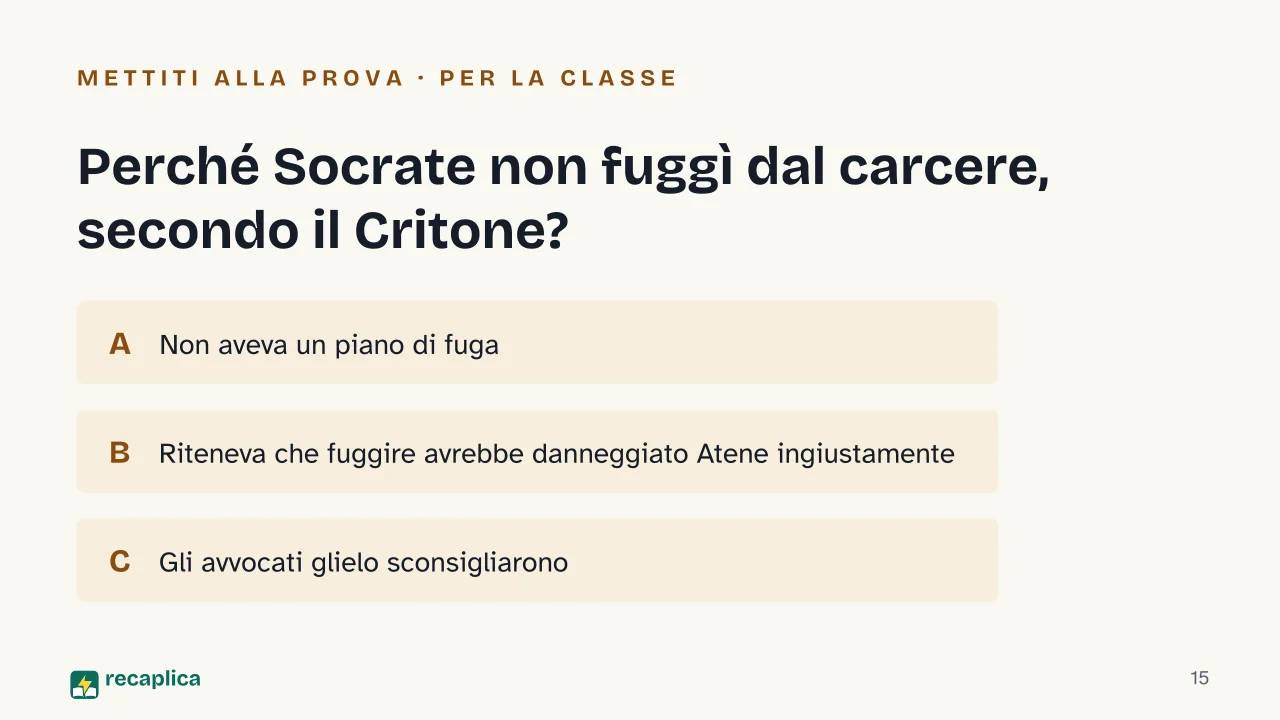 Slide 15 della presentazione su Socrate: Perché Socrate non fuggì dal carcere, secondo il Critone?