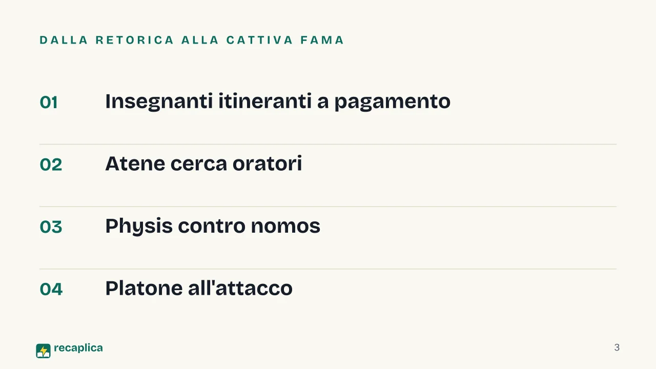 Slide 3 della presentazione su Sofisti: Dalla retorica alla cattiva fama