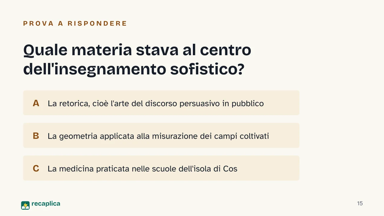 Slide 15 della presentazione su Sofisti: Quale materia stava al centro dell'insegnamento sofistico?