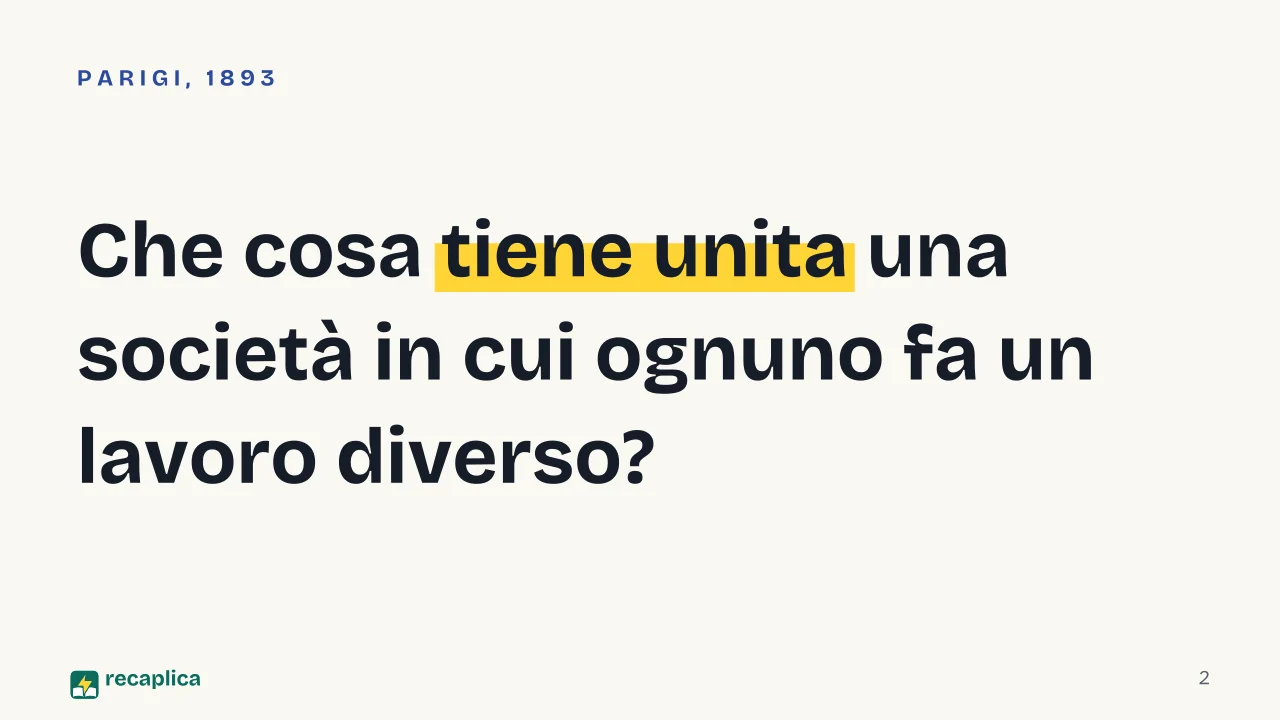 Slide 2 della presentazione su Solidarietà meccanica e organica: Che cosa tiene unita una società in cui ognuno fa un lavoro diverso?