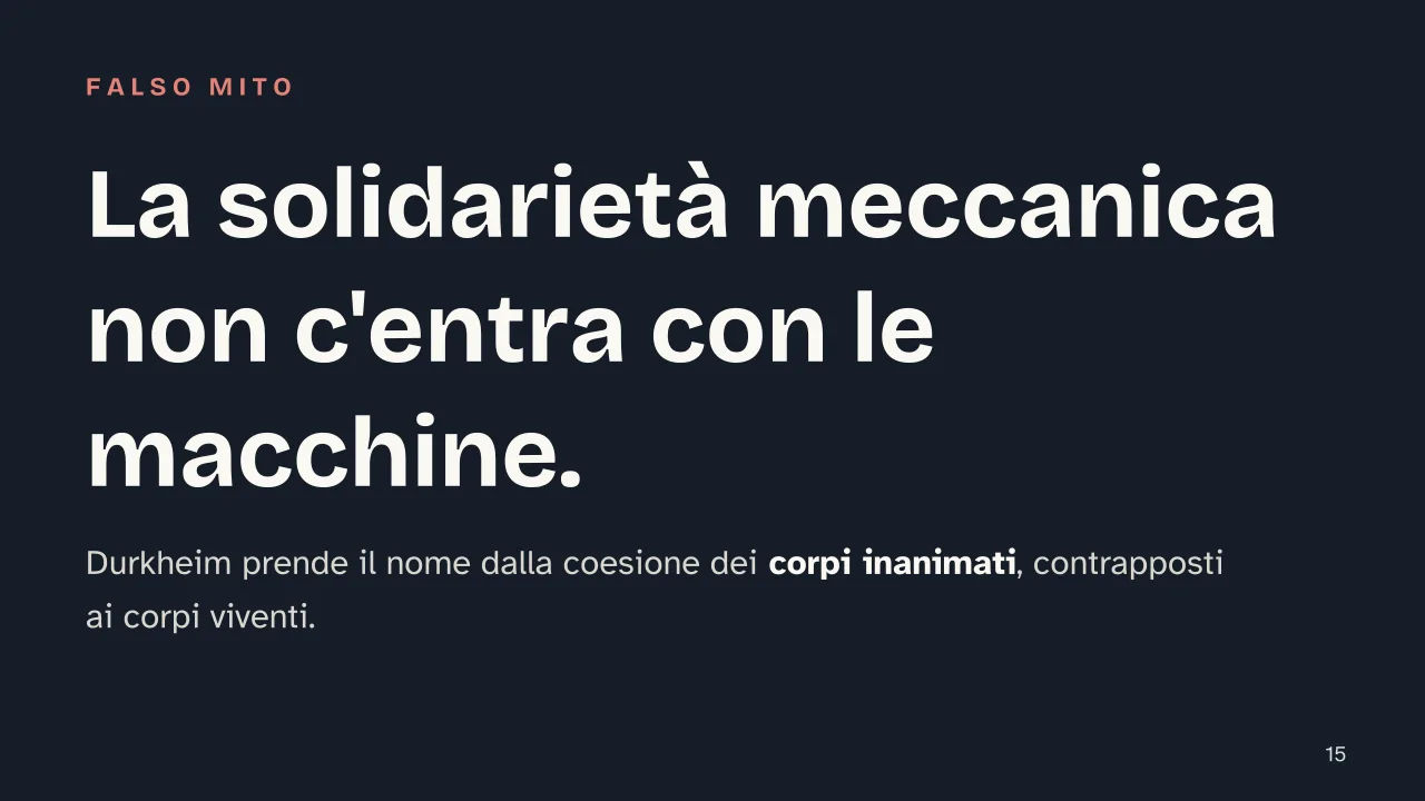 Slide 15 della presentazione su Solidarietà meccanica e organica: La solidarietà meccanica non c'entra con le macchine.