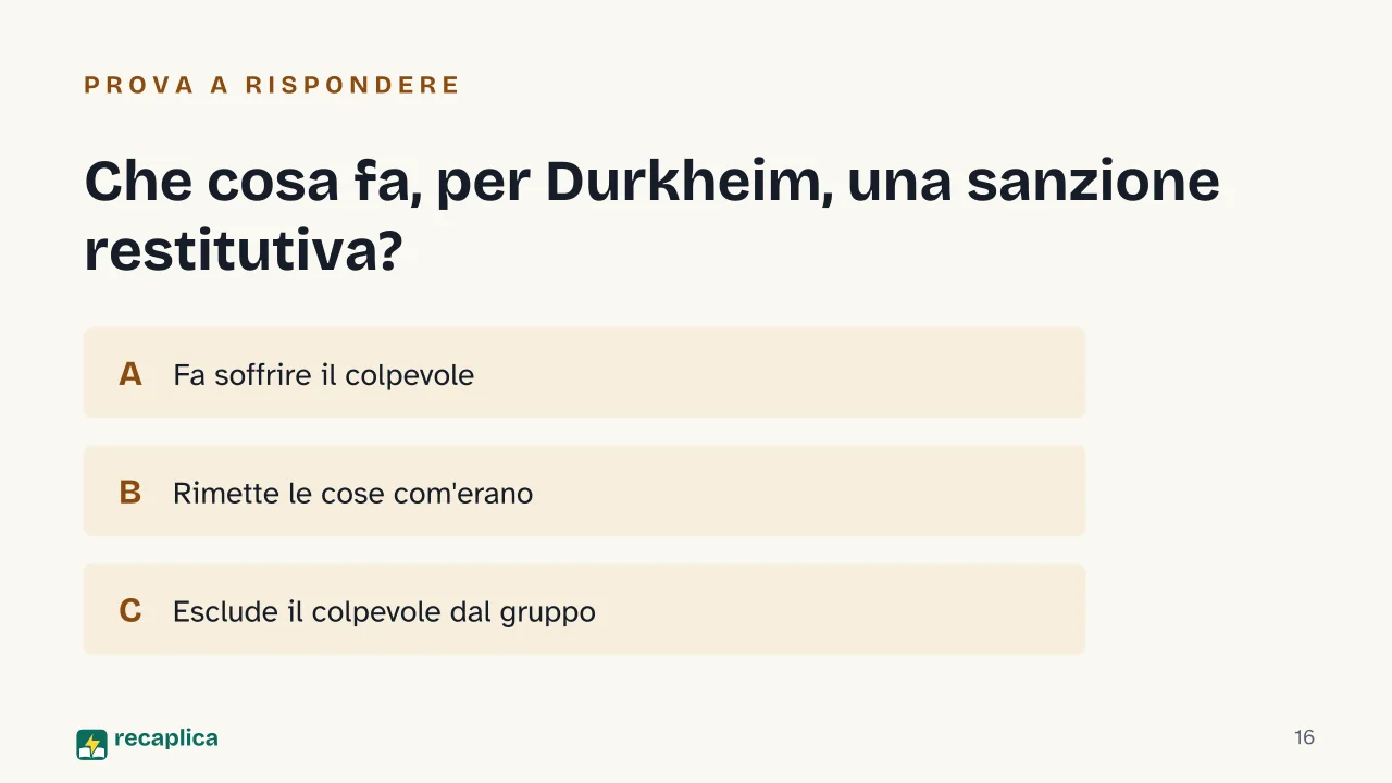 Slide 16 della presentazione su Solidarietà meccanica e organica: Che cosa fa, per Durkheim, una sanzione restitutiva?