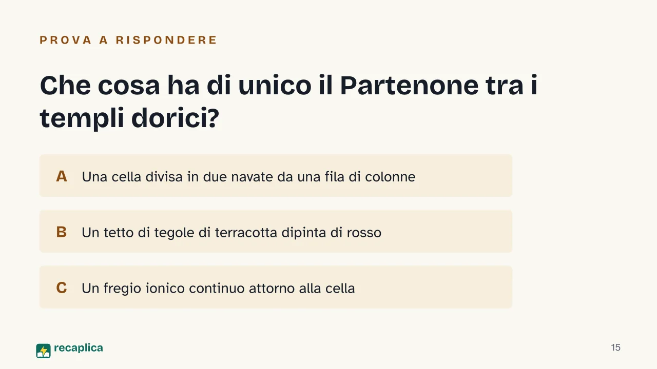 Slide 15 della presentazione su Tempio greco: Che cosa ha di unico il Partenone tra i templi dorici?