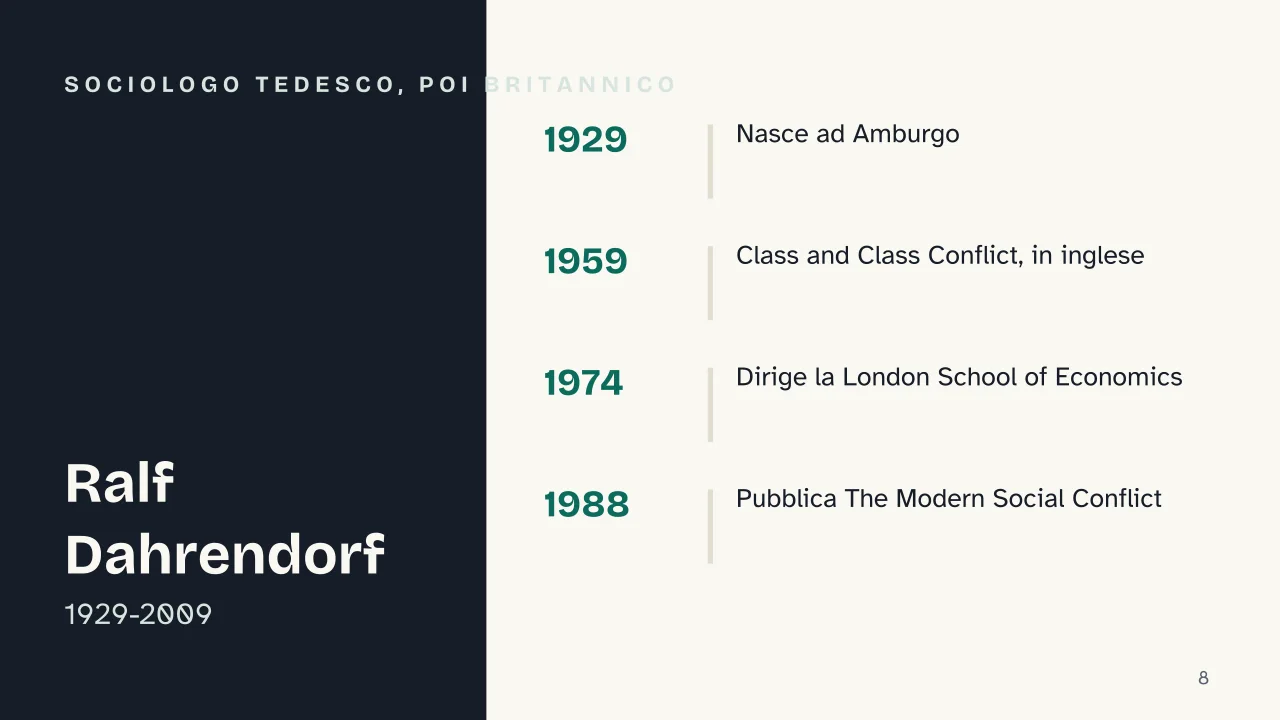 Slide 8 della presentazione su Teoria del conflitto in sociologia: Sociologo tedesco, poi britannico