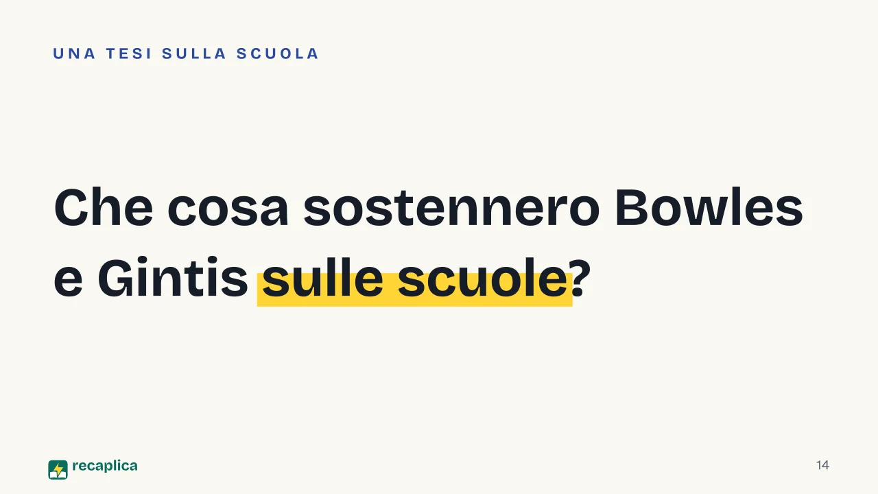 Slide 14 della presentazione su Teoria del conflitto in sociologia: Che cosa sostennero Bowles e Gintis sulle scuole?