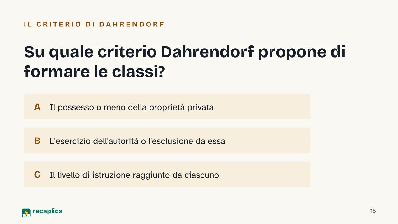 Slide 15 della presentazione su Teoria del conflitto in sociologia: Su quale criterio Dahrendorf propone di formare le classi?