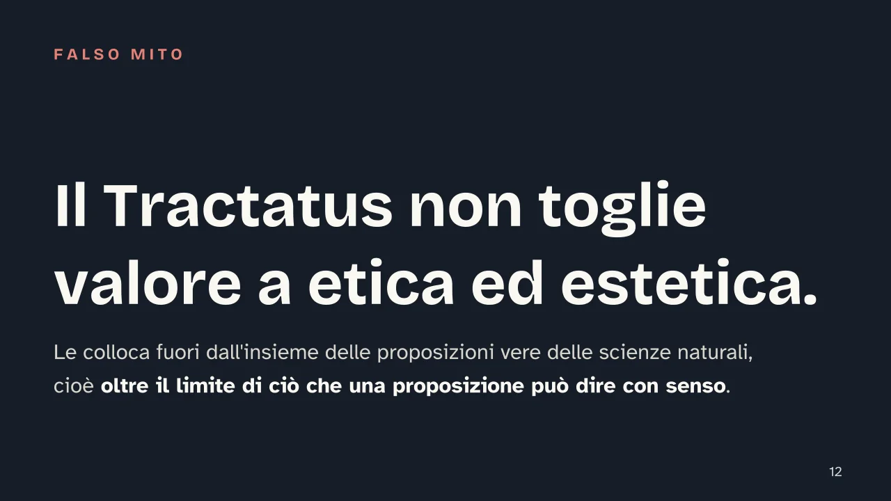 Slide 12 della presentazione su Tractatus Logico-Philosophicus: Il Tractatus non toglie valore a etica ed estetica.