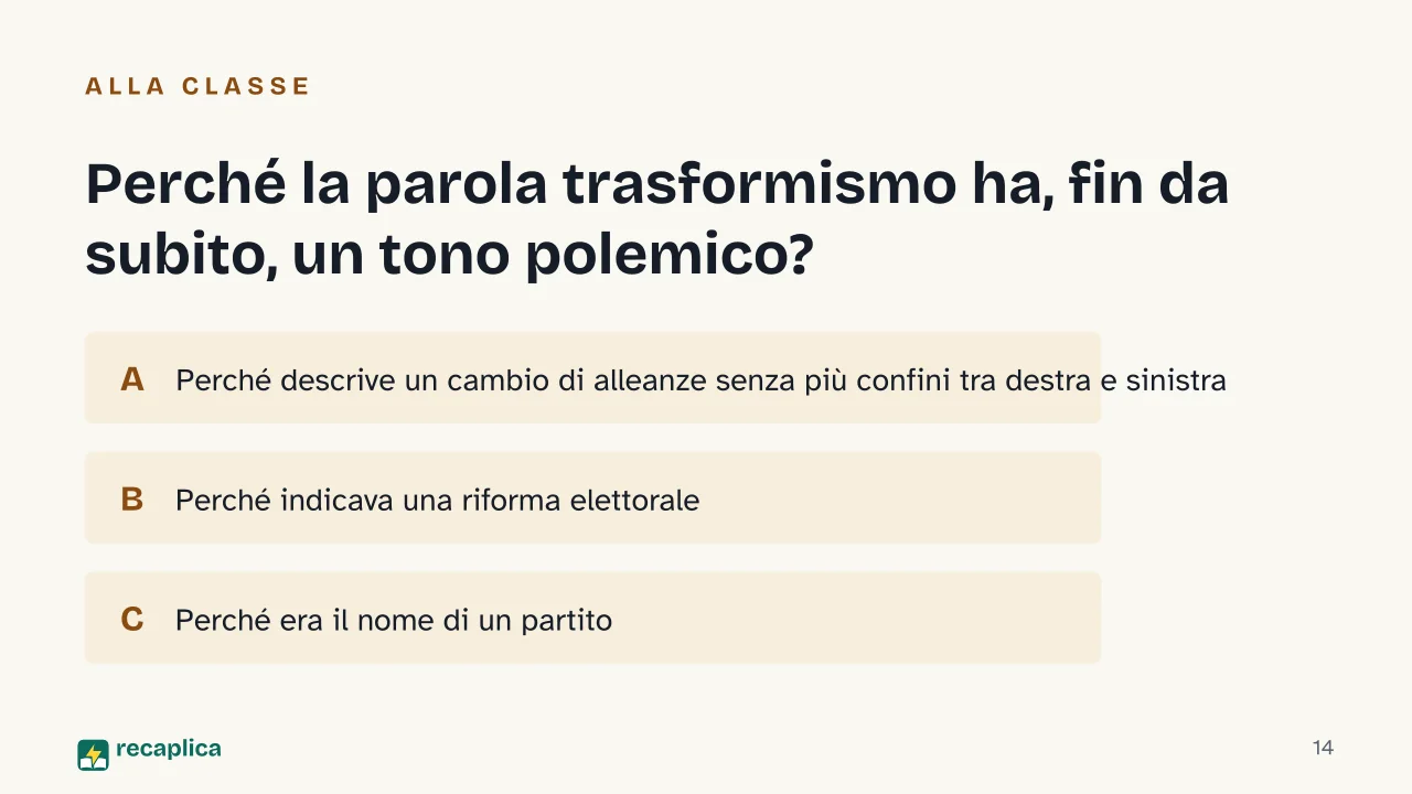 Slide 14 della presentazione su Trasformismo: Perché la parola trasformismo ha, fin da subito, un tono polemico?