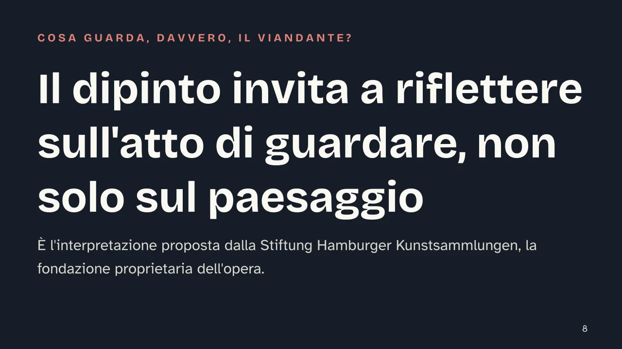 Slide 8 della presentazione su Viandante sul mare di nebbia: Il dipinto invita a riflettere sull'atto di guardare, non solo sul paesaggio