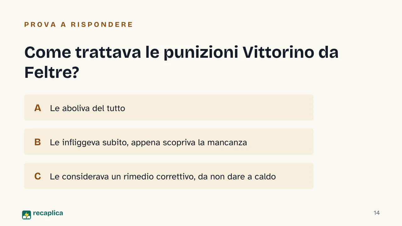 Slide 14 della presentazione su Vittorino da Feltre: Come trattava le punizioni Vittorino da Feltre?