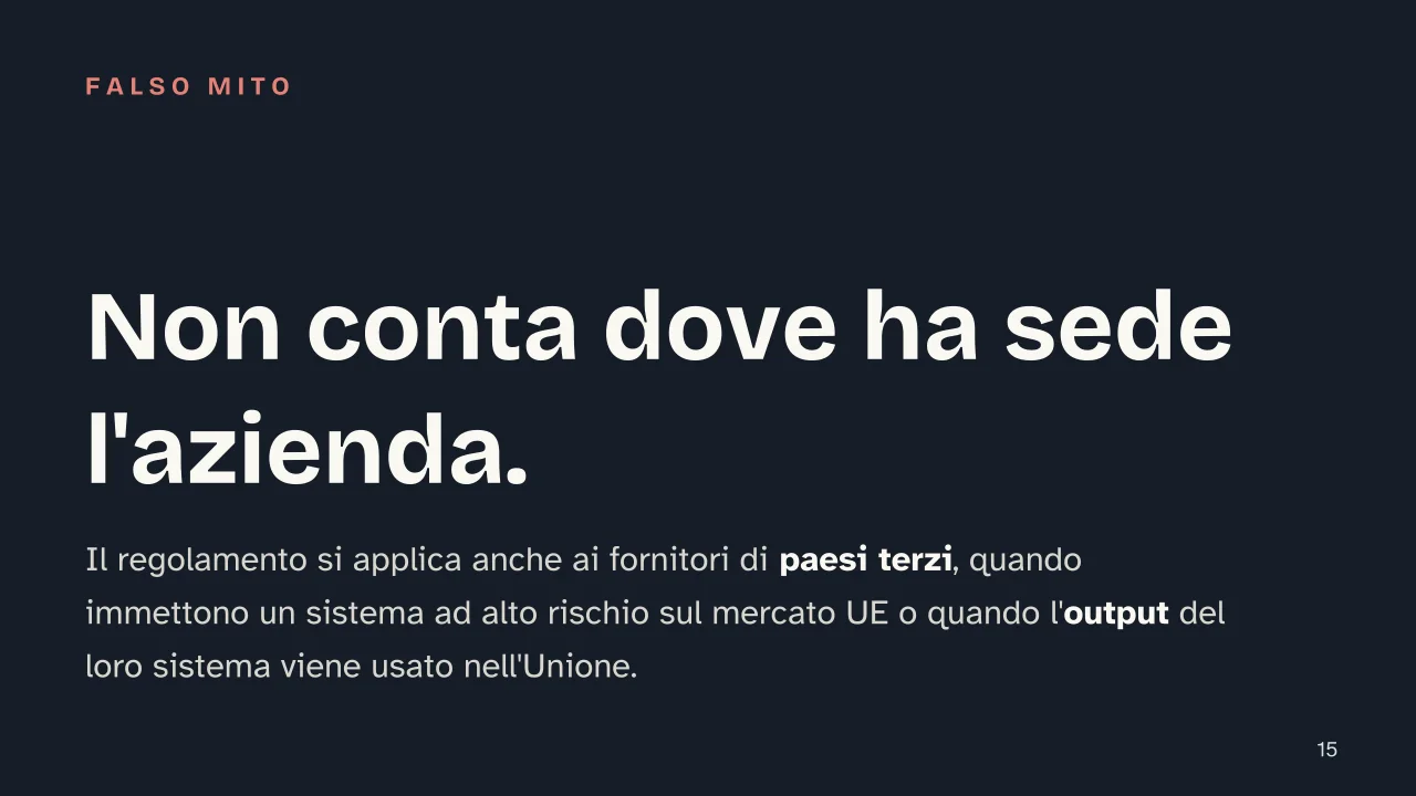 Slide 15 della presentazione su AI Act: Non conta dove ha sede l'azienda.