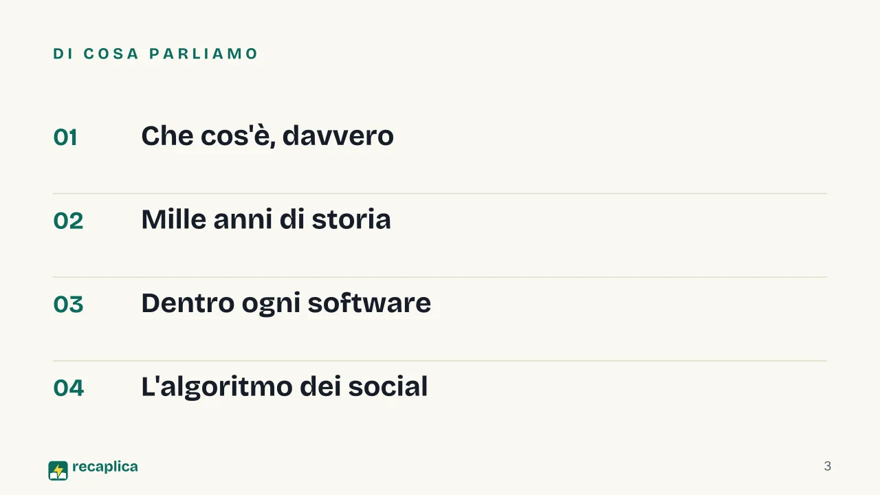 Slide 3 della presentazione su L'algoritmo: Di cosa parliamo