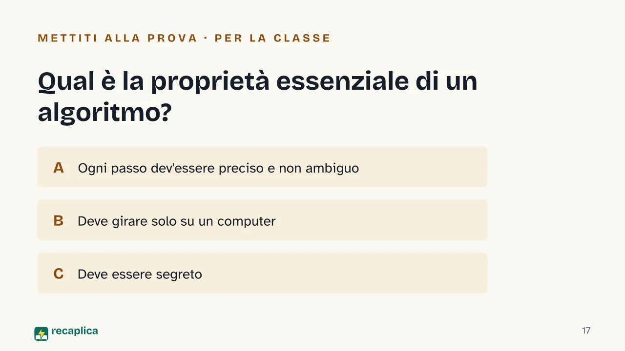 Slide 17 della presentazione su L'algoritmo: Qual è la proprietà essenziale di un algoritmo?