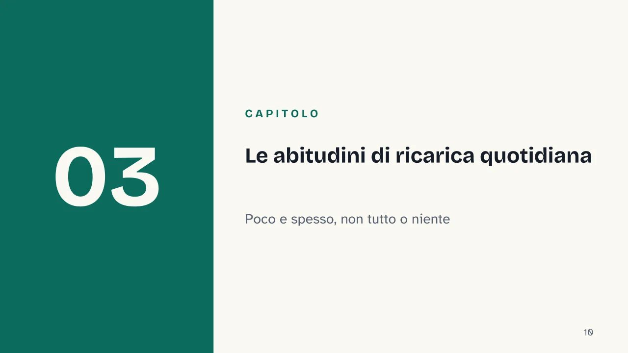 Slide 10 della presentazione su Batteria dello smartphone: Capitolo 03: Le abitudini di ricarica quotidiana