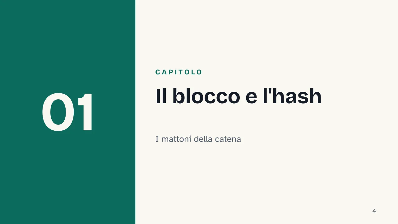 Slide 4 della presentazione su Blockchain: Capitolo 01: Il blocco e l'hash