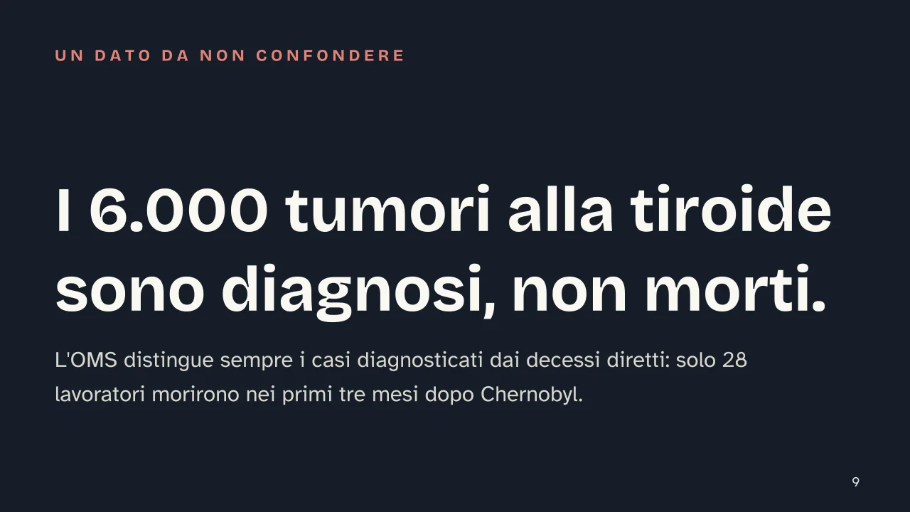 Slide 9 della presentazione su Centrale nucleare: I 6.000 tumori alla tiroide sono diagnosi, non morti.