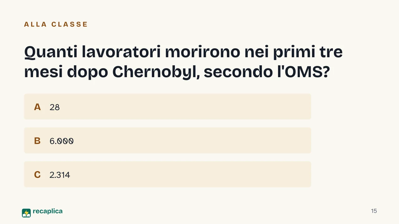 Slide 15 della presentazione su Centrale nucleare: Quanti lavoratori morirono nei primi tre mesi dopo Chernobyl, secondo l'OMS?