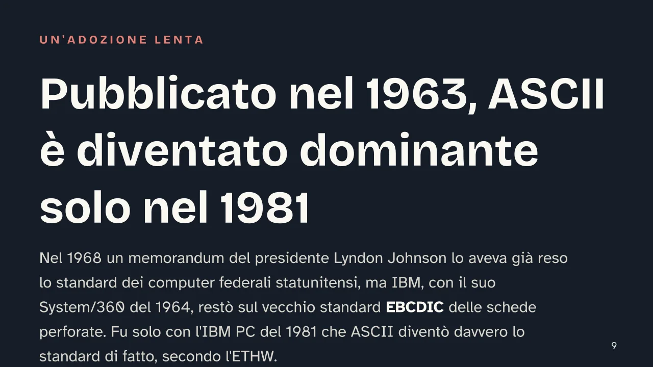 Slide 9 della presentazione su Codice ASCII: Pubblicato nel 1963, ASCII è diventato dominante solo nel 1981