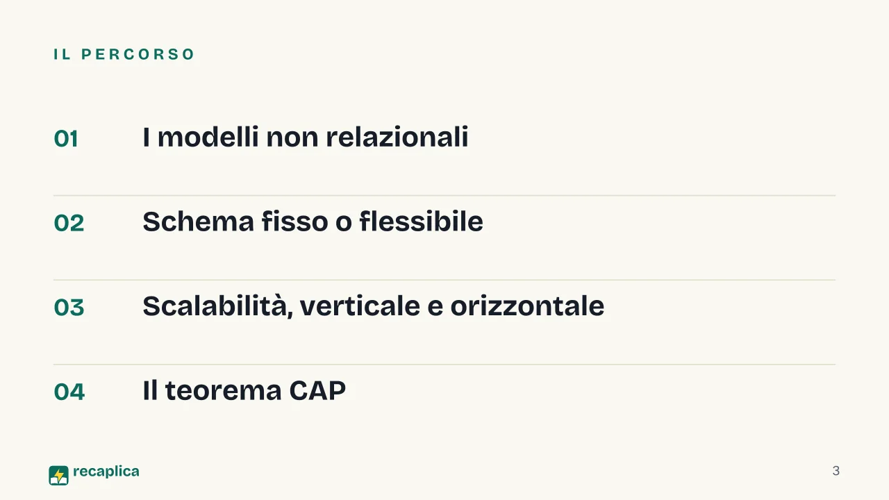 Slide 3 della presentazione su Database relazionali e non relazionali: Il percorso