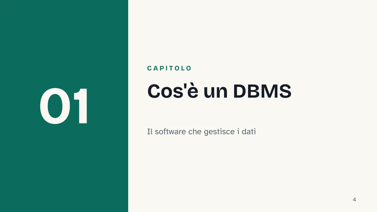 Slide 4 della presentazione su DBMS: Capitolo 01: Cos'è un DBMS
