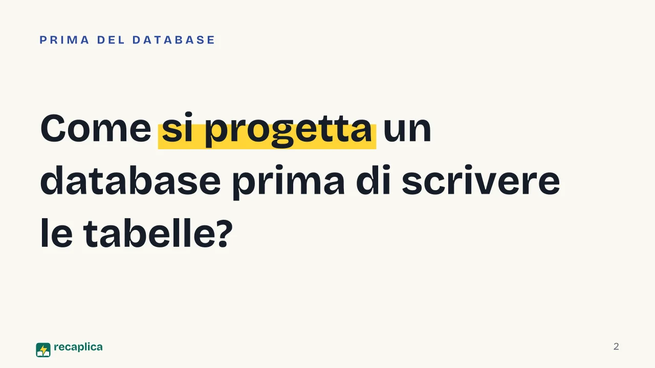 Slide 2 della presentazione su Diagramma entità relazione: Come si progetta un database prima di scrivere le tabelle?
