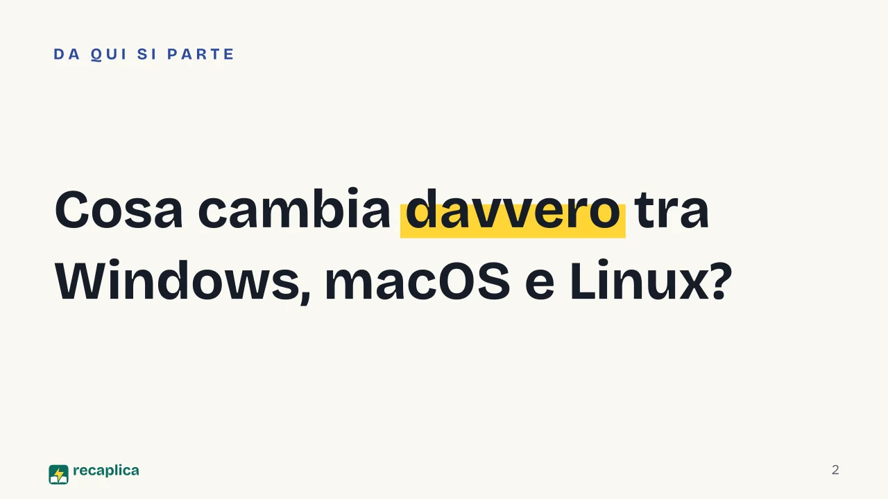 Slide 2 della presentazione su Windows, macOS e Linux a confronto: Cosa cambia davvero tra Windows, macOS e Linux?