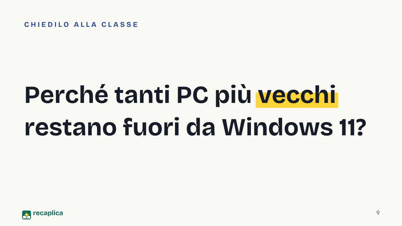 Slide 9 della presentazione su Windows, macOS e Linux a confronto: Perché tanti PC più vecchi restano fuori da Windows 11?