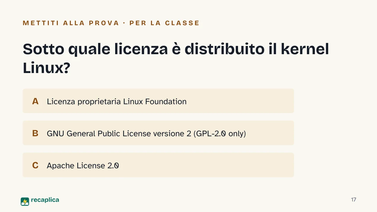 Slide 17 della presentazione su Windows, macOS e Linux a confronto: Sotto quale licenza è distribuito il kernel Linux?