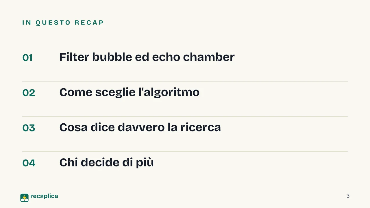 Slide 3 della presentazione su Filter bubble: In questo Recap