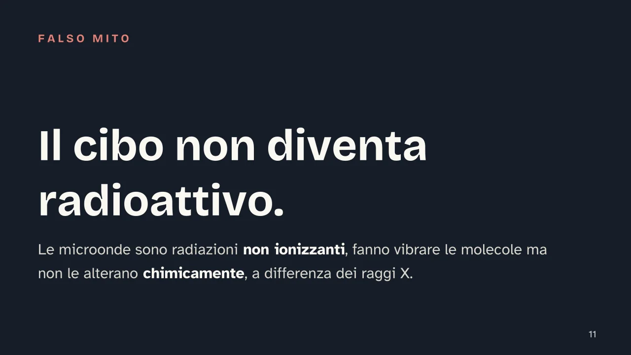 Slide 11 della presentazione su Forno a microonde: Il cibo non diventa radioattivo.