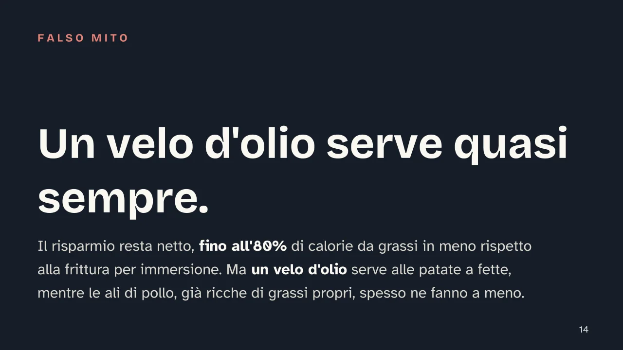 Slide 14 della presentazione su Friggitrice ad aria: Un velo d'olio serve quasi sempre.