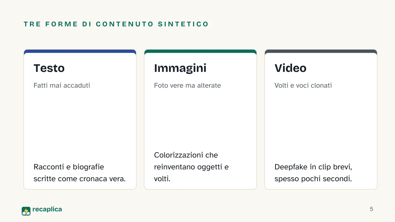 Slide 5 della presentazione su Intelligenza artificiale e cultura pop: Tre forme di contenuto sintetico: Testo, Immagini, Video