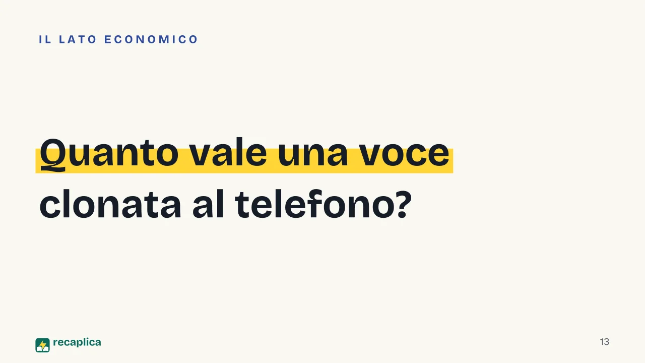 Slide 13 della presentazione su Intelligenza artificiale e cultura pop: Quanto vale una voce clonata al telefono?