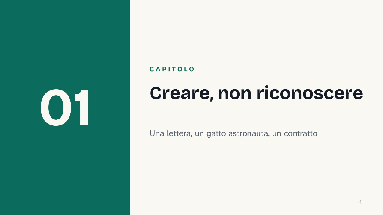 Slide 4 della presentazione su Intelligenza artificiale generativa: Capitolo 01: Creare, non riconoscere