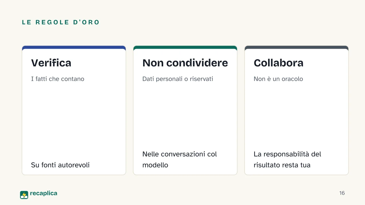 Slide 16 della presentazione su Intelligenza artificiale generativa: Le regole d'oro: Verifica, Non condividere, Collabora